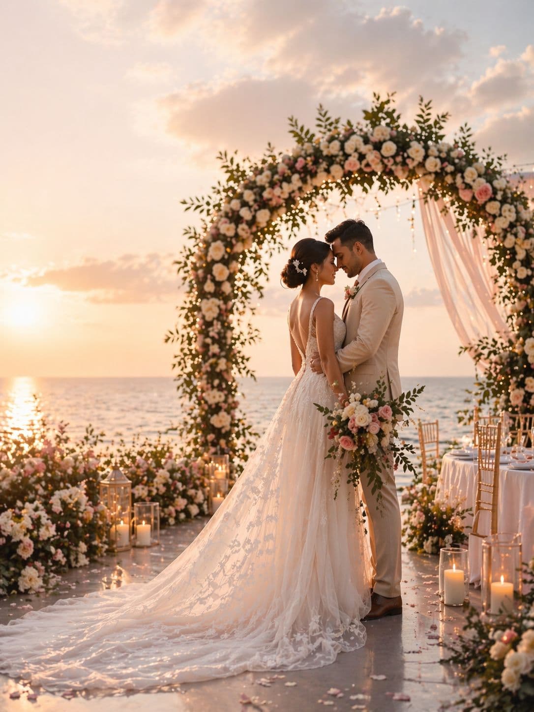 Beautiful wedding ceremony at sunset with floral arch