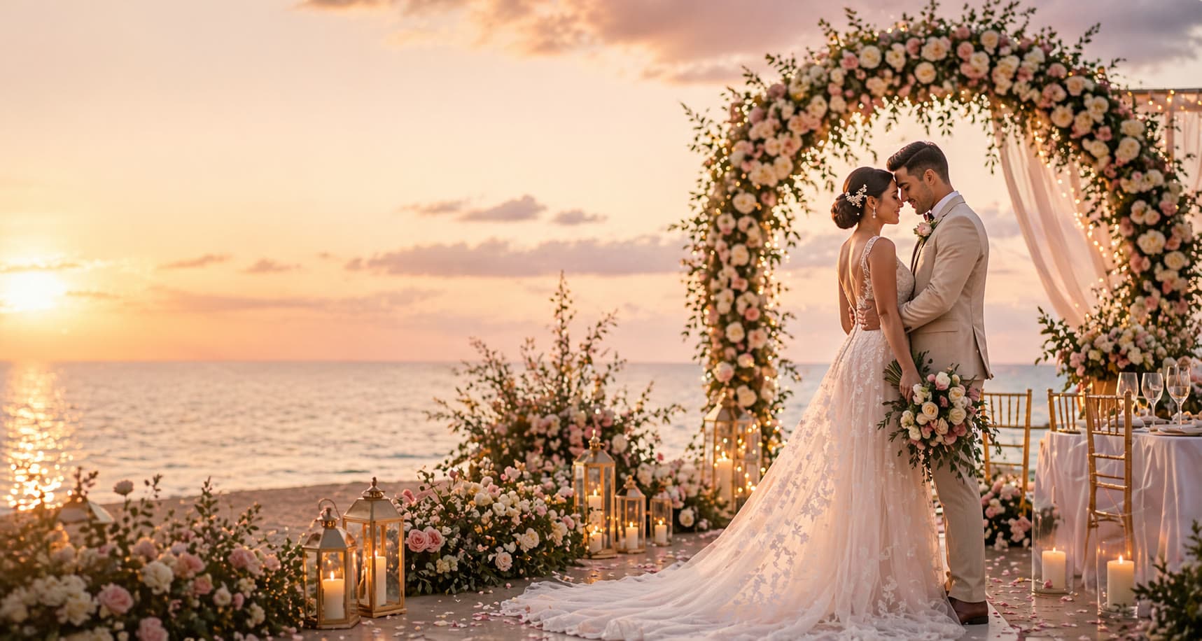 Beautiful wedding ceremony at sunset with floral arch