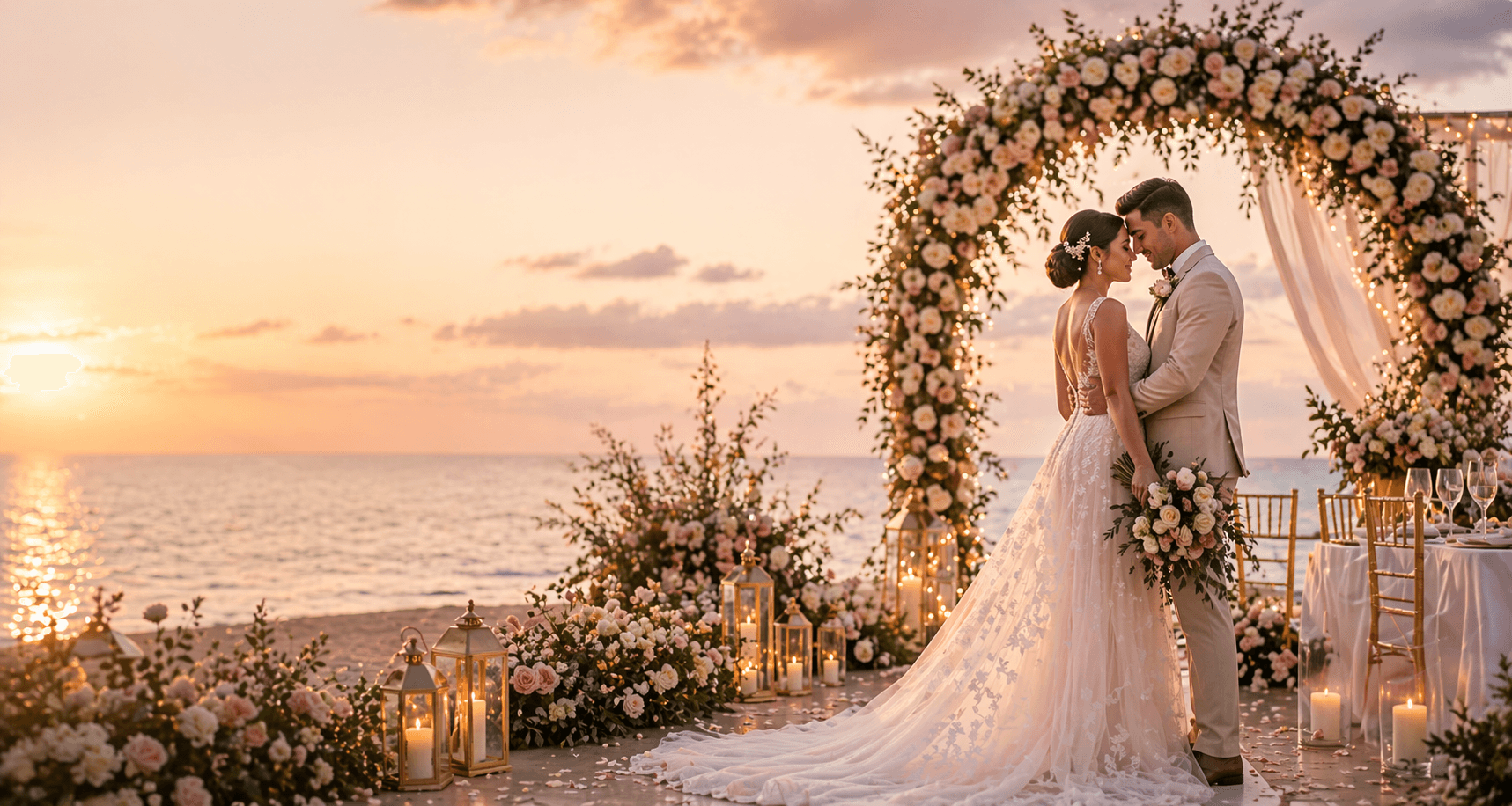 Beautiful wedding ceremony at sunset with floral arch
