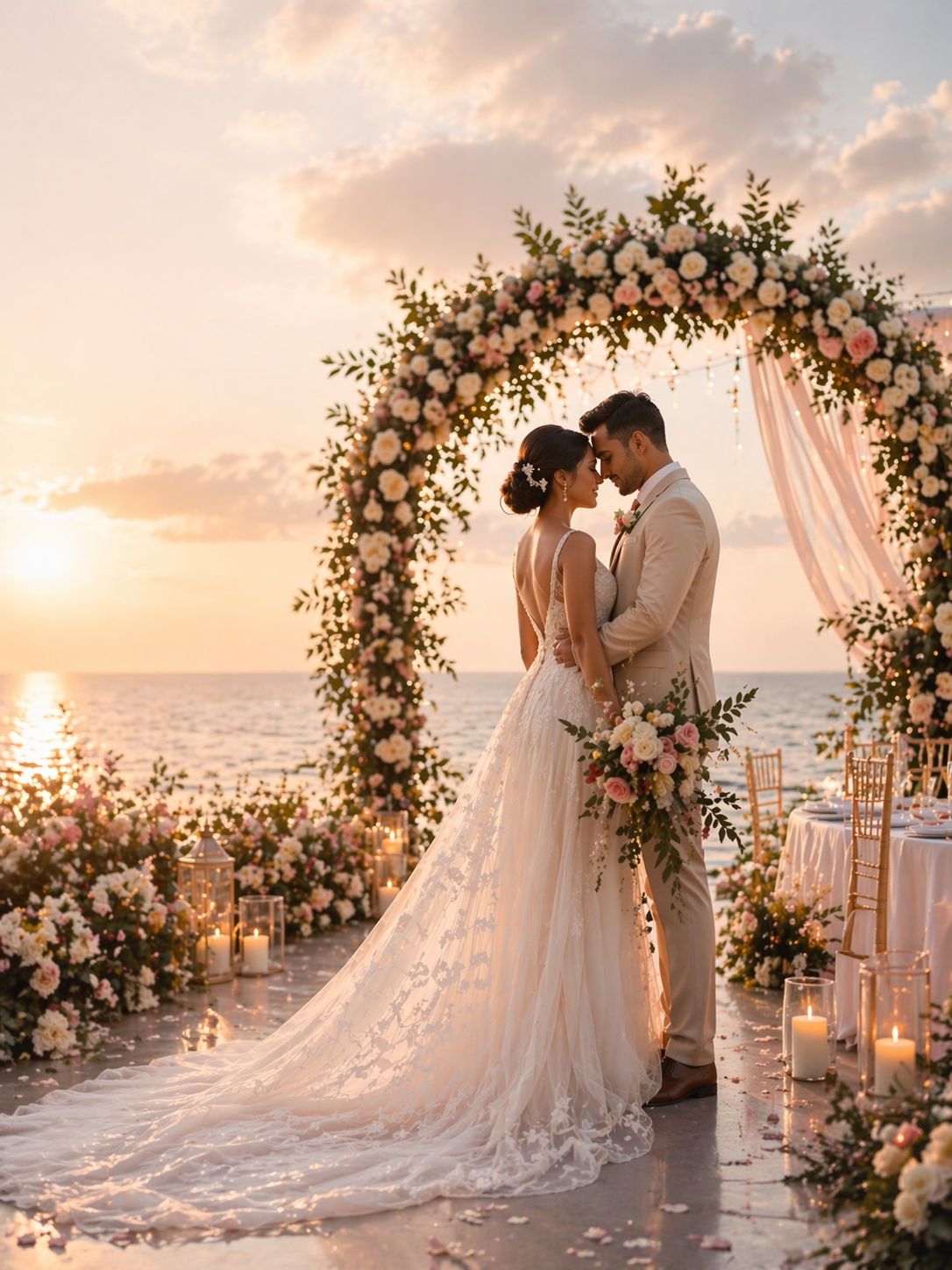 Beautiful wedding ceremony at sunset with floral arch